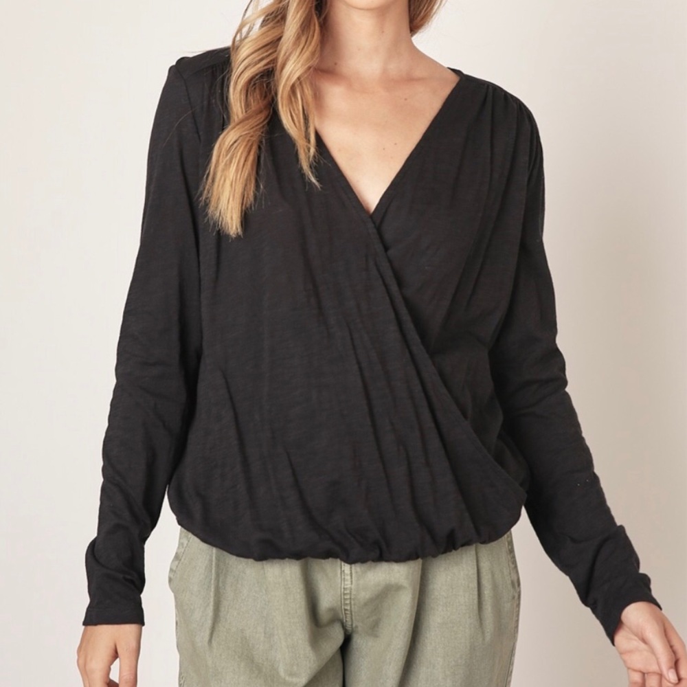 Black V Neck Surplice Blouse- S, M, L